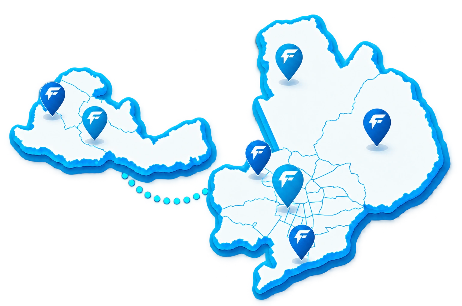 Mapas de las comunas de cobertura de la Región Metropolitana y el Gran Valparaíso, conectados por una ruta celeste y pines Fazt